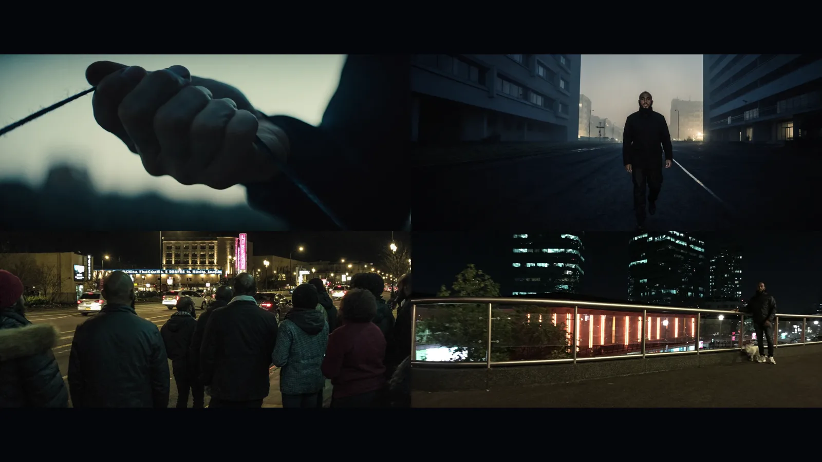 Série de quatre images : une main gantée, une silhouette dans la cité au petit matin, une foule de nuit, une passerelle au-dessus de la ville